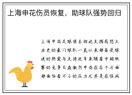 上海申花伤员恢复，助球队强势回归