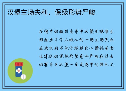 汉堡主场失利，保级形势严峻