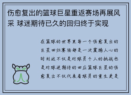 伤愈复出的篮球巨星重返赛场再展风采 球迷期待已久的回归终于实现