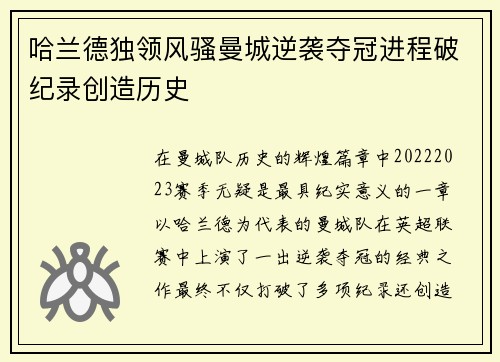 哈兰德独领风骚曼城逆袭夺冠进程破纪录创造历史
